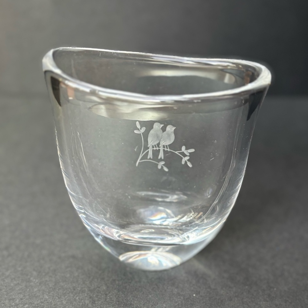 Orrefors Crystal Vase Two Love Birds Etched Signed  Pocket Vase Clear